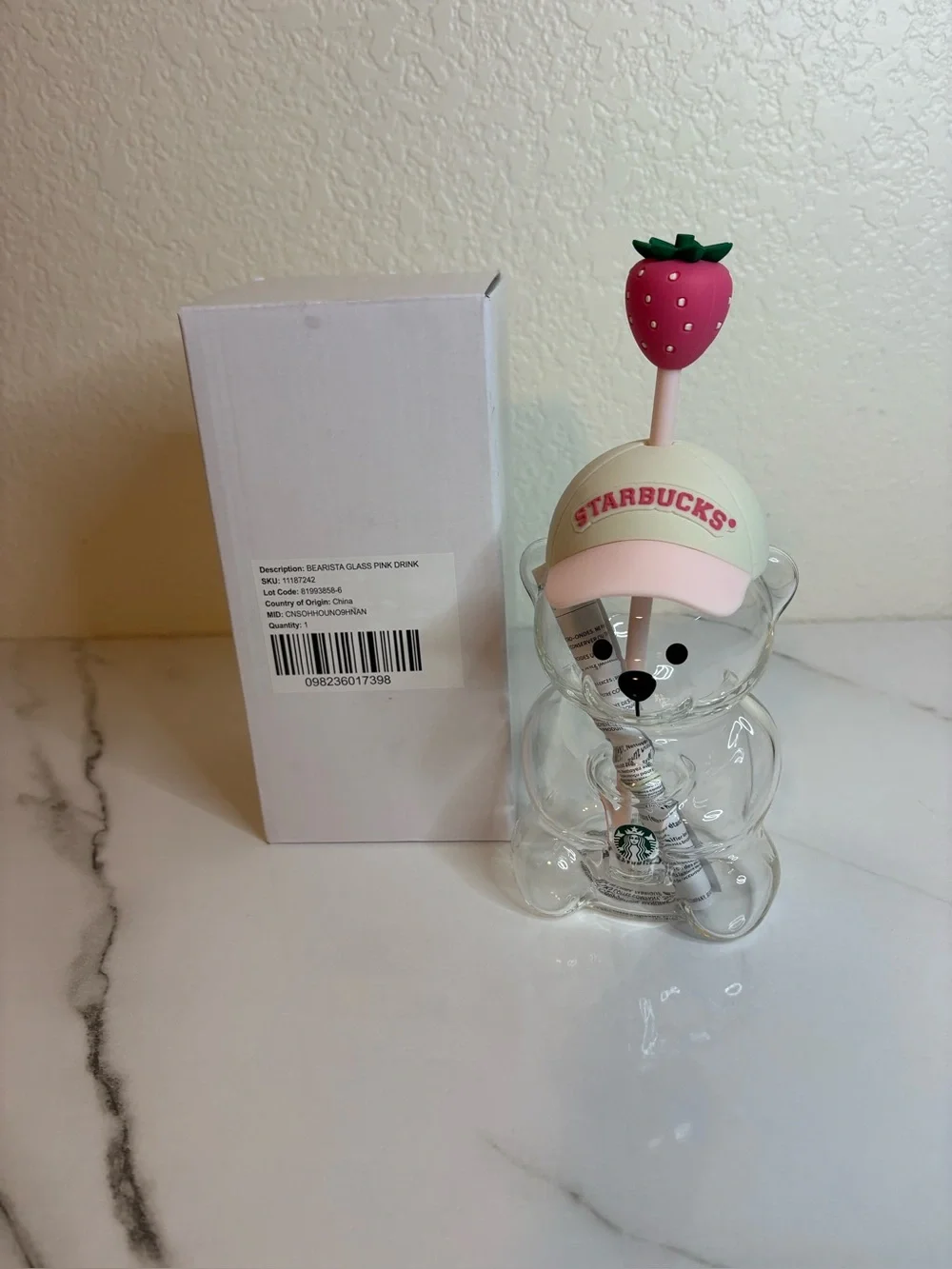 Starbucks Clear Bearista Bear Glass Bottle with Pink Cap and Strawberry Topper